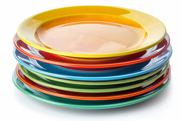 A stack of colorful plates isolated on a white backdrop, trimmed from the surroundings, with no background. Concept of dining and food presentation. Generative Ai.