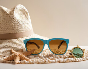 Hat sunglasses and starfish conch summer beach theme summer wallpaper