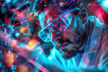 A man wearing a lab coat and goggles is looking at a computer screen