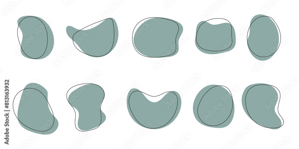 Poster a set of abstract irregular blob shapes. organic green blob with black circle outline. modern simple