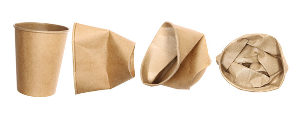 Set crumpled brown paper cup flying isolated, Eco Friendly, clipping path	