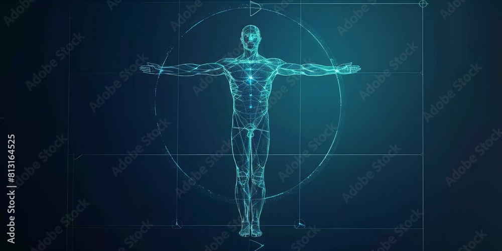 Wall mural polygonal wireframe vitruvian man with futuristic element.