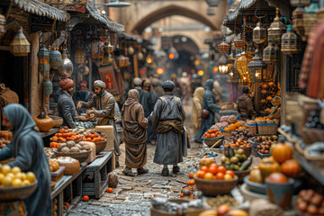 A diorama of a bustling marketplace, with vendors selling goods, shoppers haggling over prices, and street performers entertaining the crowds. Concept of commerce. Generative Ai.