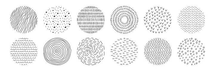 Set of abstract ink drawn circles. Doodle black and white textures of stripes, spots, dashes, scribbles. Round icons collection. Simple modern illustration for design