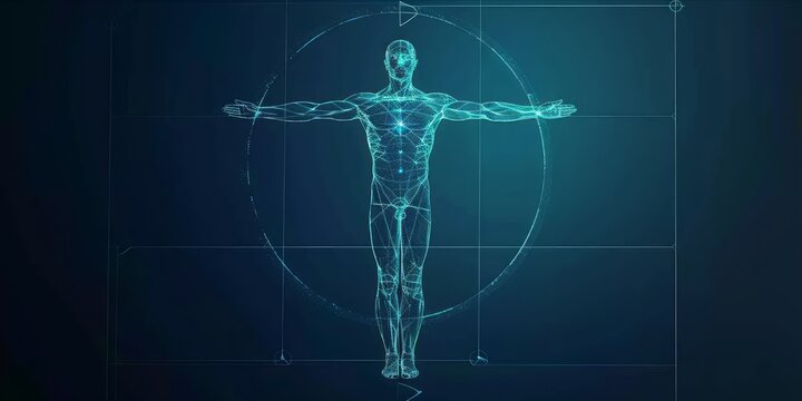 Polygonal wireframe Vitruvian man with futuristic element.