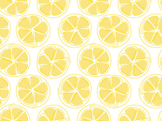 Seamless pattern yellow lemon slice. Fresh juicy tropical fruit background. Summer bright ornament for lemonade cocktail dessert package, wallpeper, cover, fabric