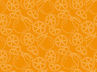 Orange slice outline seamless pattern. White line drawn citrus on orange background. Sketch fresh tropical fruit illustration. Ornament for packaging, cover, wallpaper