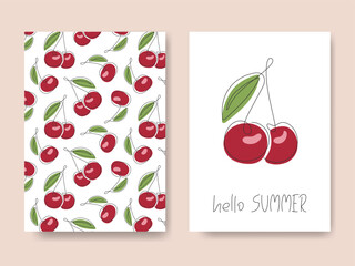 Cherry fruit Backgrounds. Doodle line drawn abstract berry. Cute hand drawn hello summer cards. Template for design card, label, poster, banner, cover