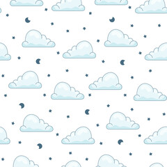 Cumulus cloud cartoon. Seamless pattern. Sky air symbol. Vector drawing. Design ornaments.