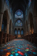 Obraz premium Colorful Daylight Reflections in a Candle-Lit Church Interior
