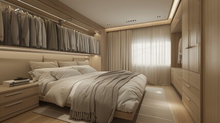 Fototapeta premium Retreat To The Simplicity Of A Classic Minimal Bedroom With A Walk-In Closet, Offering Functionality And Style In Equal Measure