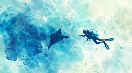Scuba diver swims alongside majestic stingray in clear blue waters. Close-up interaction with a skate. Concept of ocean exploration, marine life protection, diving adventures. Watercolor illustration