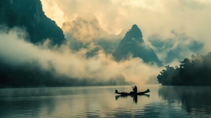 The image captures a serene scene of a traditional fisherman on a small boat amidst a tranquil lake. Early morning mist shrouds the towering, forest-covered limestone mountains in the background, whil