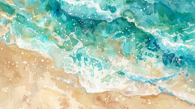 Abstract watercolor ocean wave design. Artistic interpretation of sea and beach. Top view. Concept of artistic ocean, abstract seascapes, and watercolour illustration. Space for text