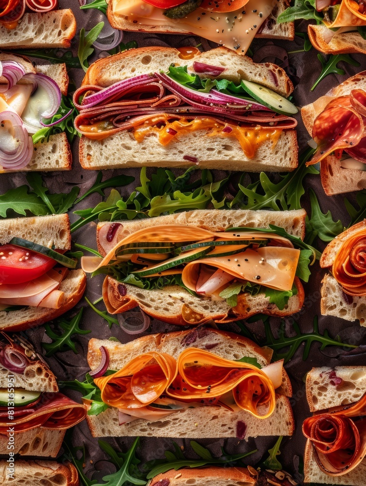 Poster A variety of sandwiches of different shapes, sizes, and fillings neatly arranged on a plate. Delightful colors and textures create a mouth-watering display. Generative AI