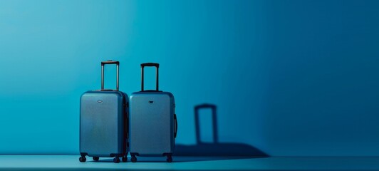 Two modern blue luggage sets on a blue background. Two suitcases ready for travel. Concept of travel, vacation, simple design, journey, minimalism. Wide Banner. Copy space