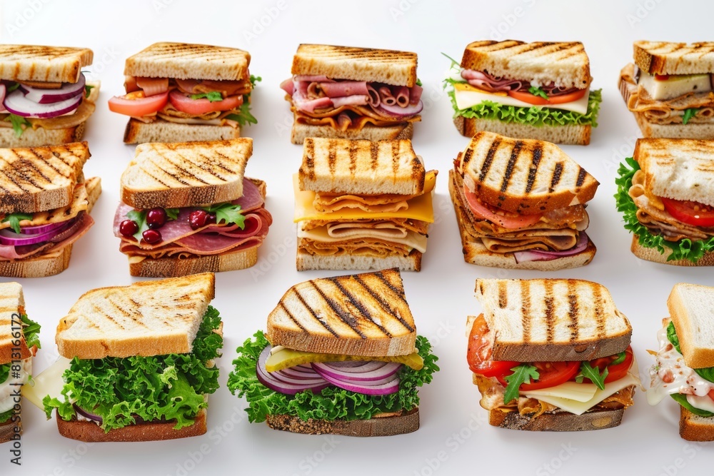 Poster a variety of delicious sandwiches lined up neatly on a white surface, showcasing different fillings 