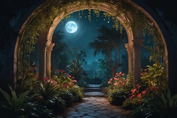 Magical Nightscape: An Illuminated Garden Walkway Under a Bright Full Moon