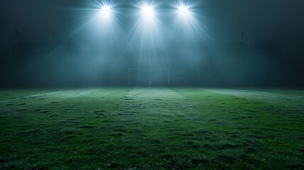 Mysterious empty football field at night under bright lights. Eerie atmosphere, suspenseful environment. Ideal for background or concept imagery. AI
