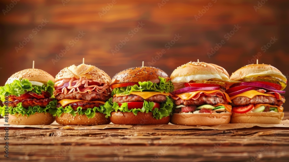 Poster a row of mouthwatering gourmet burgers topped with fresh ingredients arranged neatly on a rustic woo