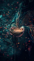 The image features a person's outstretched hands holding a brimming bowl with glittering and sparkling light. The individual is adorned in a richly patterned, dark garment with intricate designs, cont