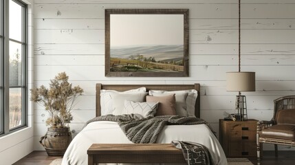 Showcase The Farmhouse-Style Background Of A Bedroom Interior, With A Mockup Frame Offering A Glimpse Of Personalized Decor