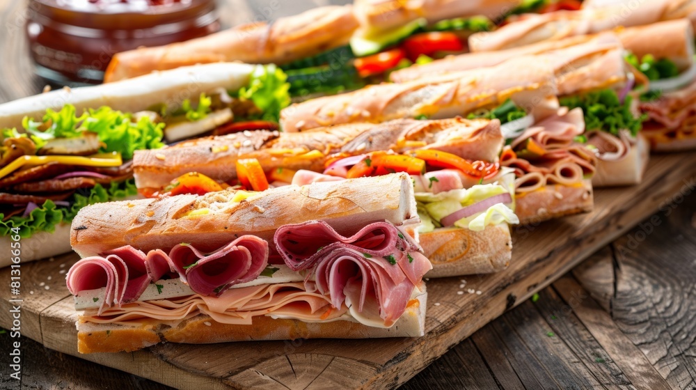 Poster a variety of mouthwatering sandwiches with assorted fillings displayed on a rustic wooden cutting bo