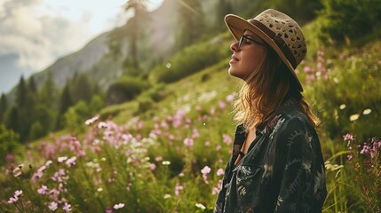 A person is seen in profile against a backdrop of a lush alpine meadow. The individual appears relaxed and is facing the sunlight, which creates a warm glow on their face. They are wearing a straw hat
