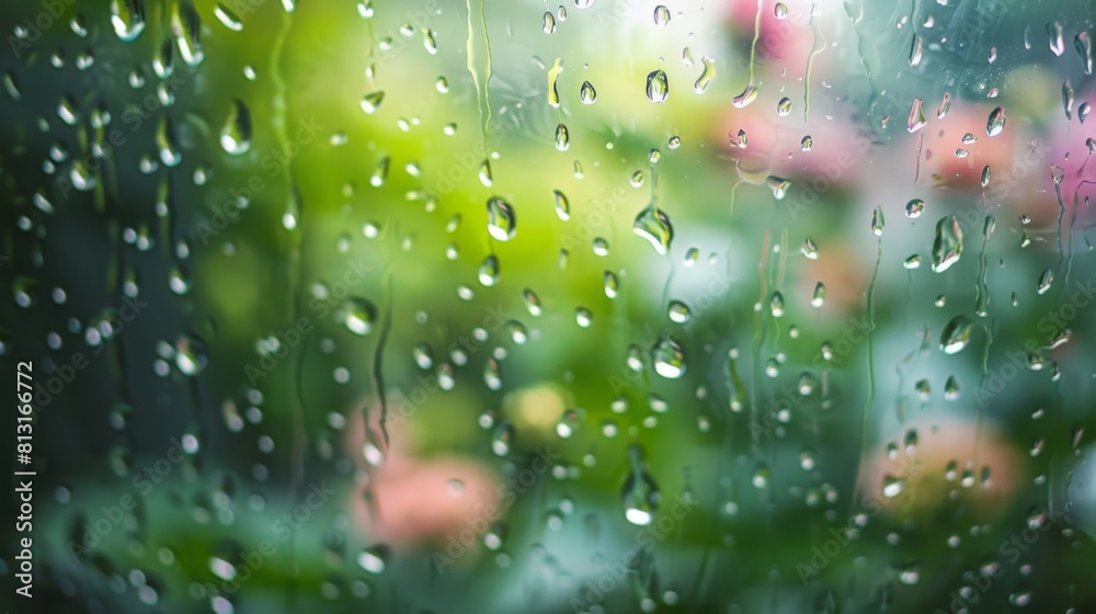 Poster a dreamy close-up of raindrops on a windowpane overlooking a lush garden, blending the elements of n