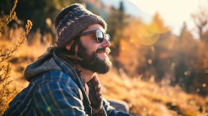 The image features a close-up side profile of a smiling man with a beard, wearing sunglasses, a knitted beanie, and a plaid shirt layered with a grey knitted scarf. He is outdoors, with the golden lig - Powered by Adobe