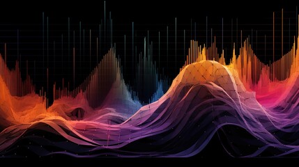 The image displays an abstract visualization of a data landscape or a digital terrain map, resembling a colorful, undulating fabric stretched across a grid. The pattern is rendered with peaks and vall