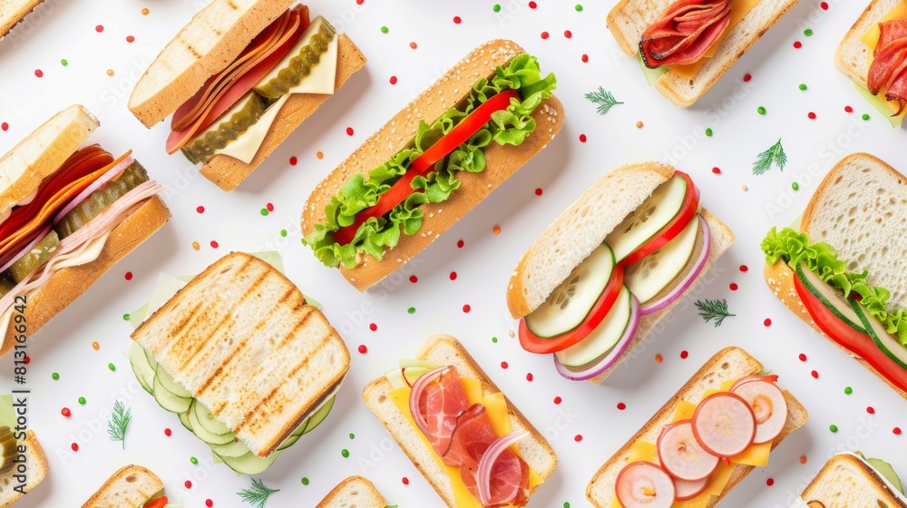 Poster a vibrant assortment of sandwiches, each with a unique filling, artfully arranged on a pristine whit
