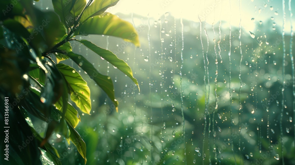 Poster a dreamy close-up of raindrops on a windowpane overlooking a lush garden, blending the elements of n