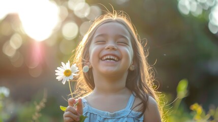 A joyful little girl with a bright smile, holding a delicate flower in her hand, radiating happiness as she stands in a sunny garden.