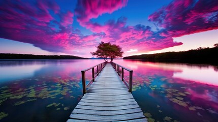 The image showcases a vibrant sunset with vivid pink and blue hues casting reflections across a...