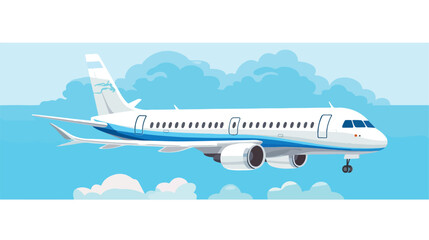 Realistic white airplane flying in blue sky with cl