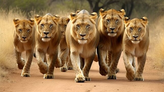 Five lions are walking directly towards the camera in a staggered formation. The setting appears to be a dusty road or trail with dry, grassy savannah on either side. Each lion is looking at the camer
