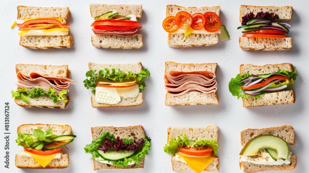 Aufkleber An assortment of mouth-watering sandwiches with diverse fillings elegantly arranged on a white canvas, creating a harmonious display. Generative AI
