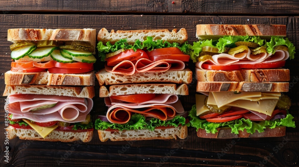 Poster a variety of mouth-watering sandwiches with assorted fillings beautifully arranged on a rustic woode