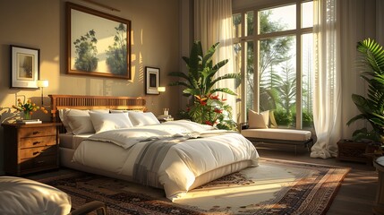 Inviting guest room for distant visitors, featuring a neatly made large bed.