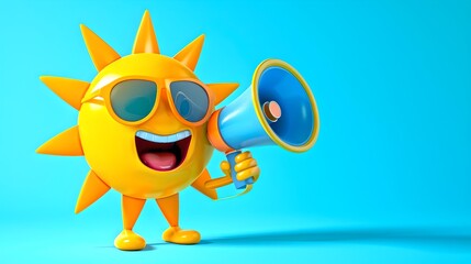 Bright and cheerful animated sun character with sunglasses shouting into a megaphone on a vibrant blue background. Perfect for summer promotions. AI