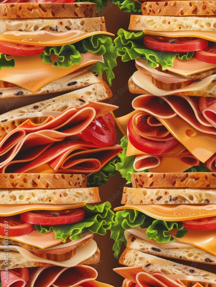 Poster a whimsical seamless pattern of sandwiches with various fillings dancing across a rich brown backgro