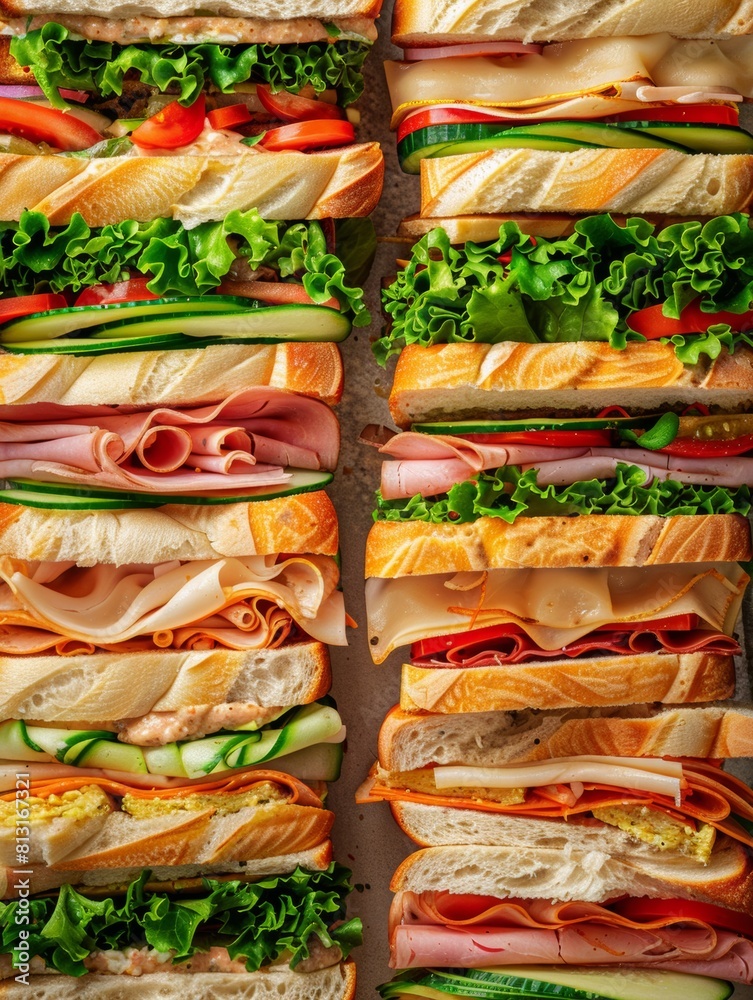Poster a luxurious pile of sumptuous sandwiches, each layer boasting a delightful combination of fillings. 