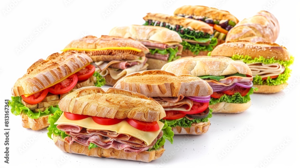 Poster An array of miniature sandwiches filled with various ingredients, elegantly displayed on a stark white background. Generative AI