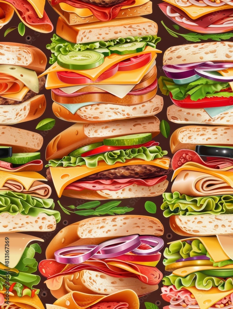 Aufkleber Seamless pattern of assorted sandwiches on a warm brown background, creating a dynamic and appetizing visual experience. Generative AI