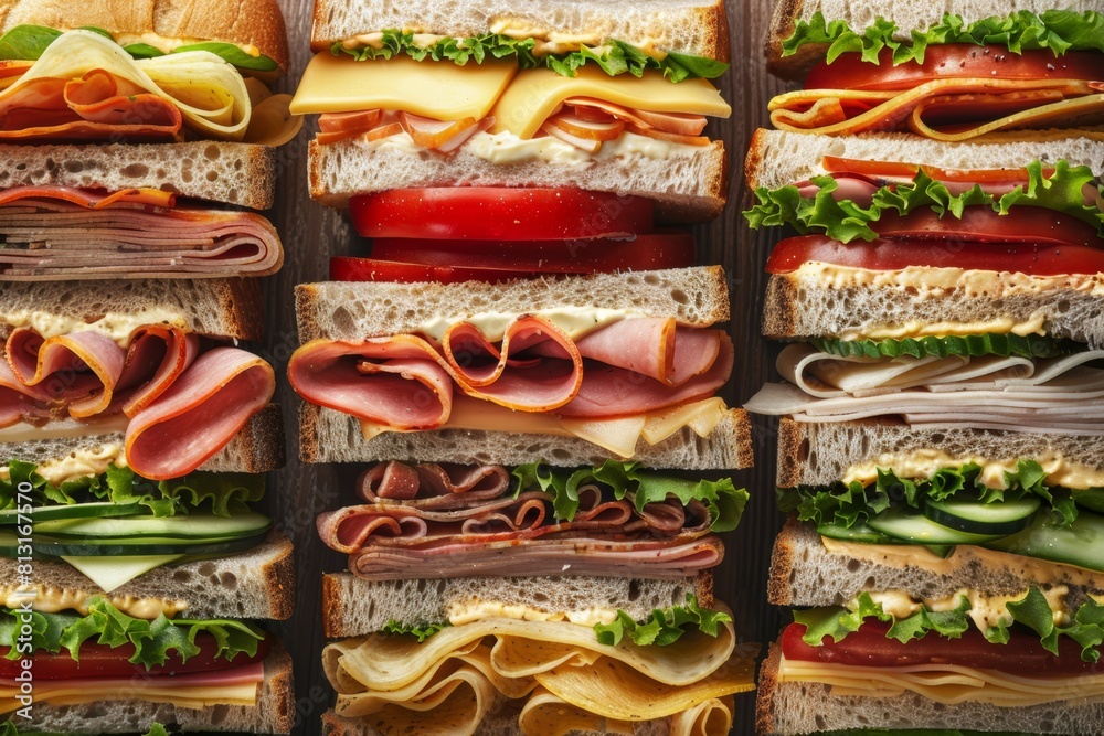 Aufkleber A vertical tower composed of a variety of sandwiches with different fillings stacked on top of each other in a visually appealing arrangement. Generative AI