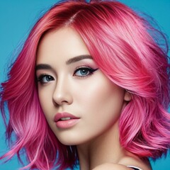 Fototapeta premium Portrait of a young girl with a fashionable hairstyle with pink hair on a blue background