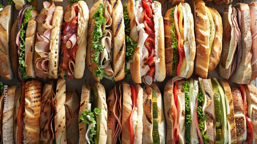 Aufkleber A colorful array of delectable sandwiches, each bursting with unique fillings, neatly lined up in a row. Generative AI