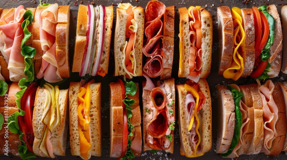 Poster a vibrant display of assorted sandwiches lined up beautifully in a row, showcasing a variety of fill