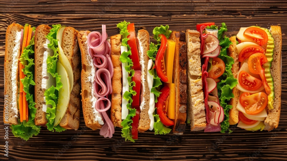 Poster a variety of delicious sandwiches lined up neatly on a wooden table, showcasing different fillings a